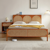 Nordic rattan solid wood bed modern simple 1 5 meter double bed master bedroom Japanese style log 1 8 meter B&B retro bed