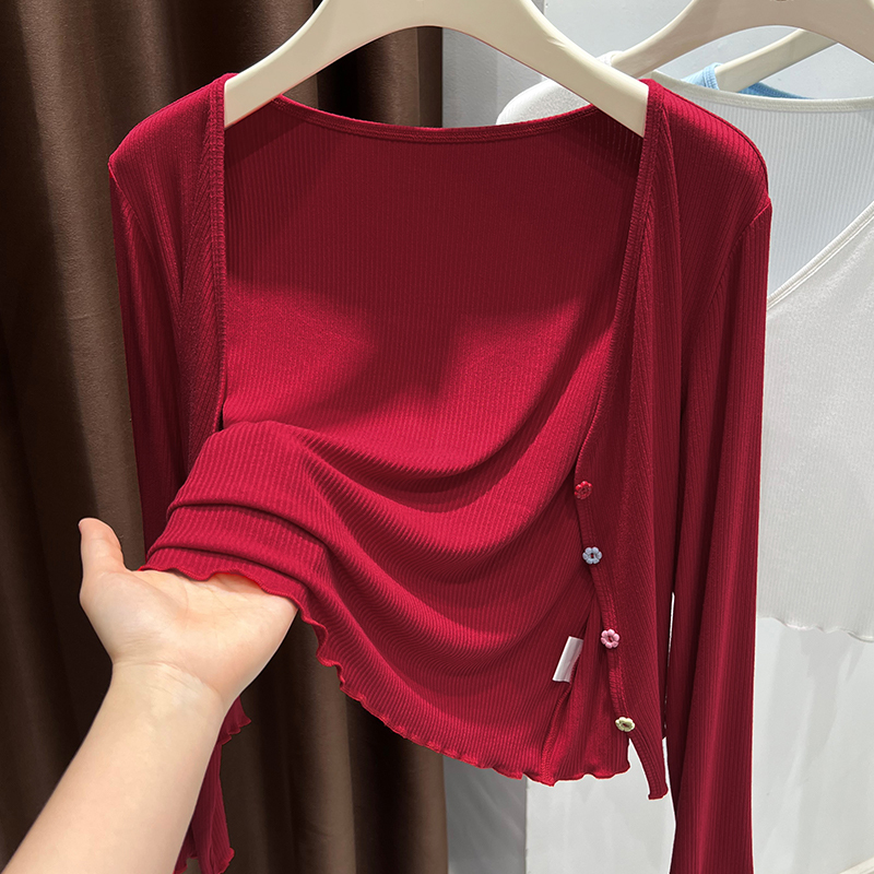 Summer Shawl Outerwear for Women 2025 New Style Small Cardigan Red Slimming Colorful Button Long-Sleeve Top Summer Shawl Outerwear for Women 2025 New Style Small Cardigan Red Slimming Colorful Button Long-Sleeve Top
