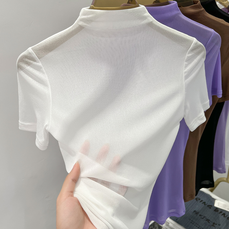 White Mesh Base Shirt for Women, Half-High Collar, Stretchy Slip Dress, Short-Sleeve T-Shirt, Black Transparent Lace Top