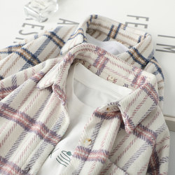 Korean style woolen plaid coat for women autumn and winter student loose college style coat thickened plaid shirt short coat trendy