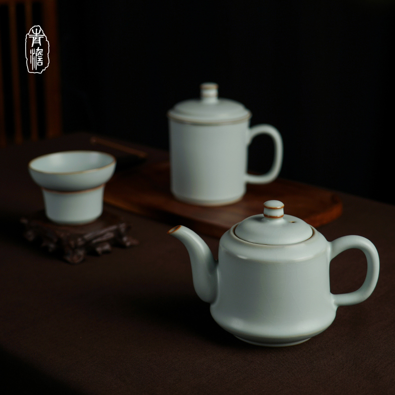 Handmade Ru kiln tea set Office tea tea suit Jingdezhen ceramic teapot Chinese retro porcelain gift Qingporcelain-Taobao