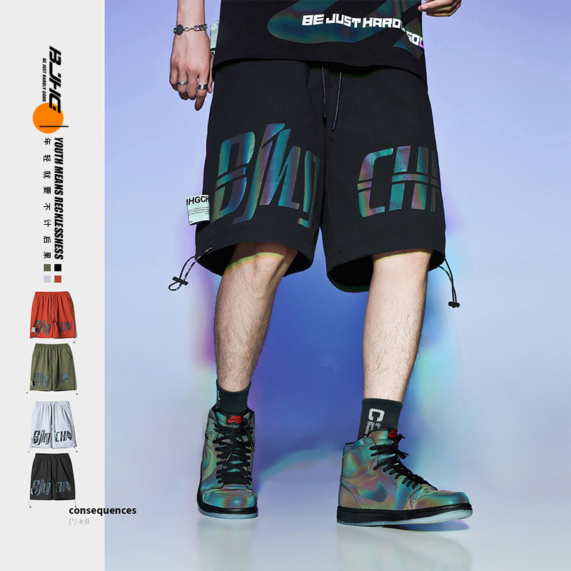 BJHG homemade summer laser bright printing reflective overalls shorts men's trendy brand loose casual all-match five-point pants