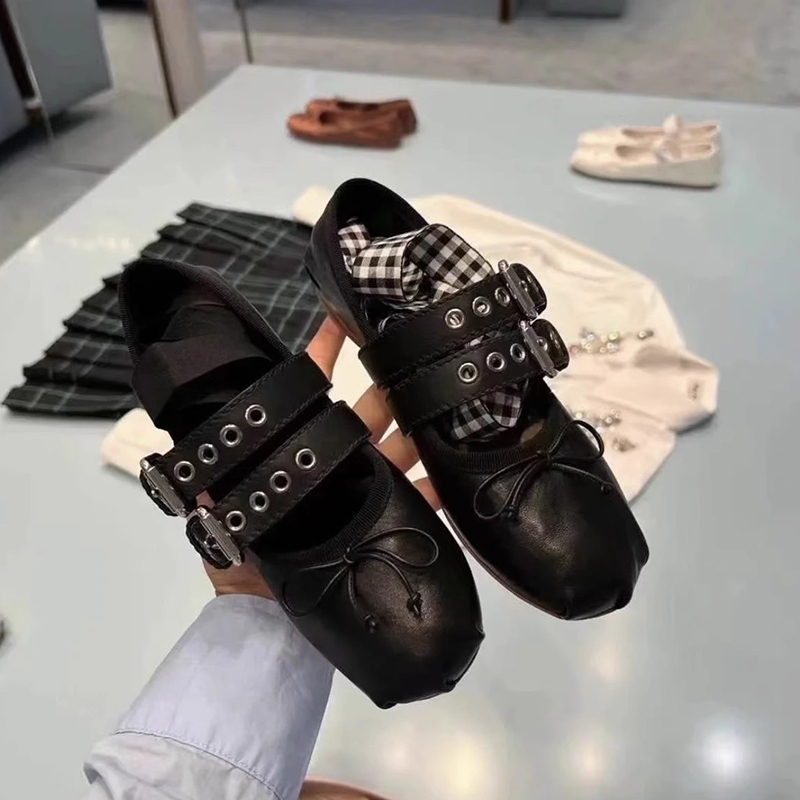 Miu Ballet-Style Lace-Up Shoes with Round Toe, Shallow Mouth, Bow, Flat Sole, Retro, Hidden Heel, Classic Women's Single Shoes, Trendy