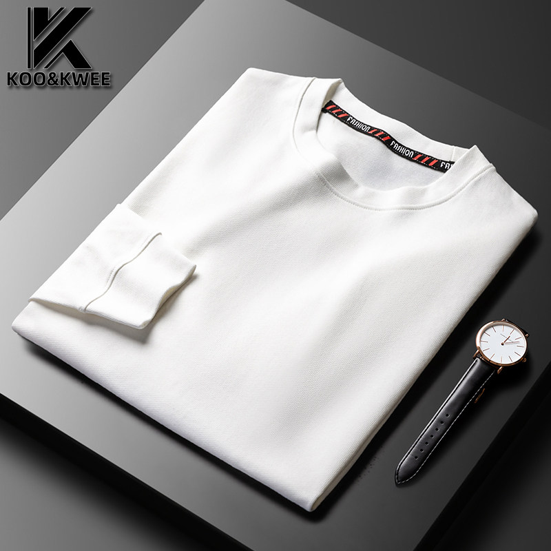 Round collar pure color T-shirt male long sleeve autumn winter plus suede thickened minimalist white black beat undershirt male dress jacket