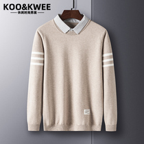 Autumn-winter mens sweater knit undershirt dress sweaters covered head fake two shirts collar thickened casual lining collar