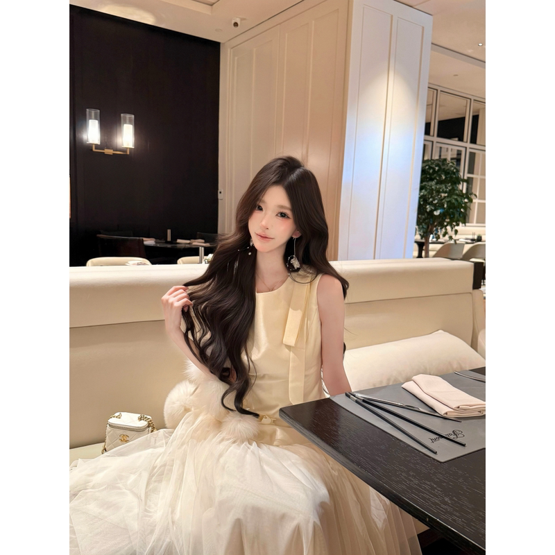 Exquisite Pearl White Sleeveless Dress for Women, New Summer Style, High-End Birthday Dress, Mesh Long Dress
