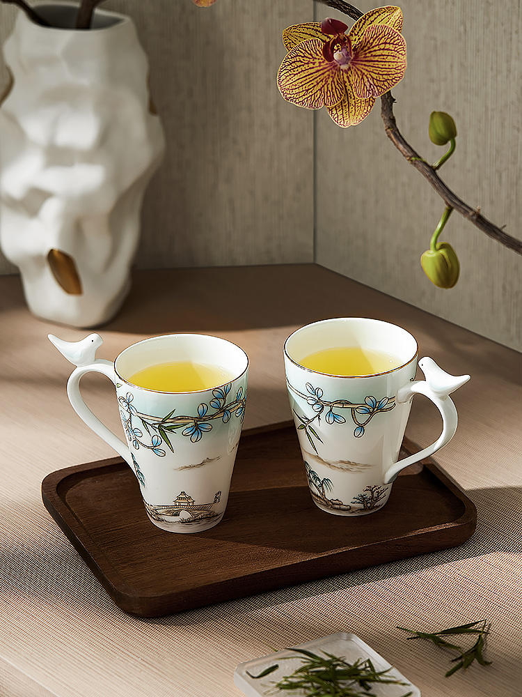 Margoronte Bird Pair Cup Teacup Bone China Mug Gift Box Porcelain Cup Bone China Mark Ceramic