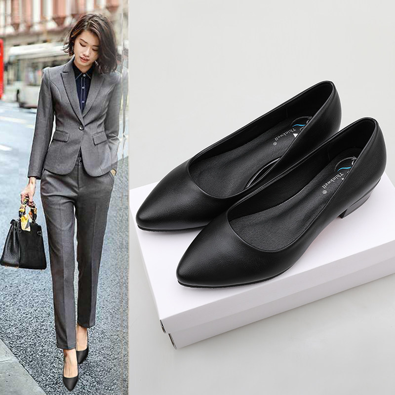 Work shoes black leather shoes coarse heels to work long standing untired soft soles comfortable professional women's shoes interview high heels