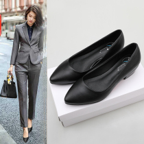 Working Shoes Woman Black Spring Single Shoe Pointed Flat Bottom Flat Heel Short Heel Low Heel Heel Rough Heel Soft Bottom Anti Slip Leather Shoes
