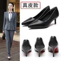 Real Leather High Heels Footwear Lady Shoes Black 2022 Spring New Single Shoes Fine Heel Leather Shoes Professional Women Shoes