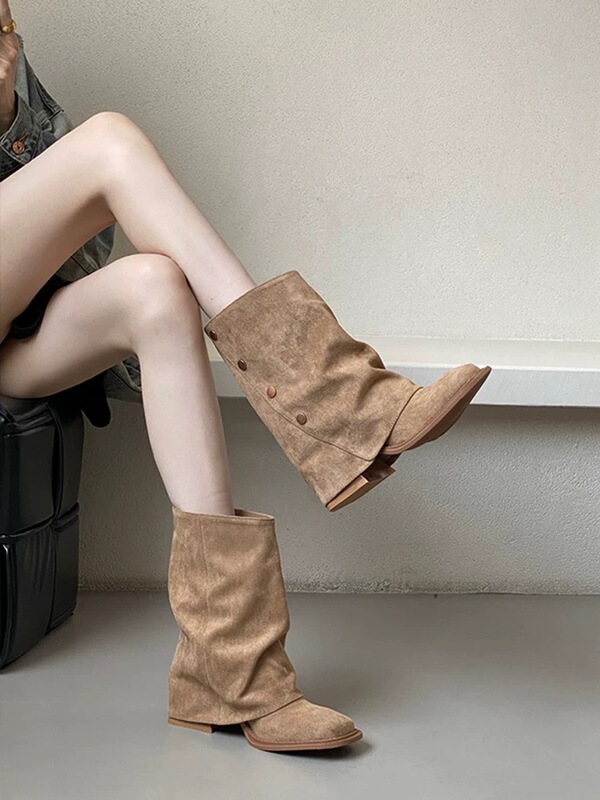 Square-Toe Chunky Heel Short Boots for Women, Autumn and Winter Mid-Calf Boots, Retro Western Style Suede Booties, Martin Boots