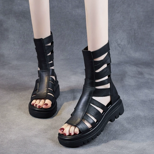Высокие сандалии на платформе, высокая обувь, летние сапоги, туфли, из натуральной кожи, средней длины