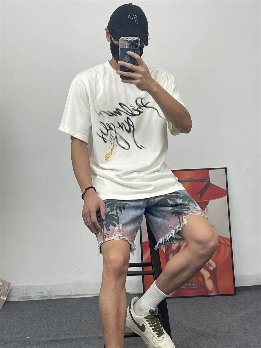 PALM Palm Angel Angels Write Smoke Alphabet Printing Men and Women Short Sleeve Loose Loose Leisure T -shirt 24s