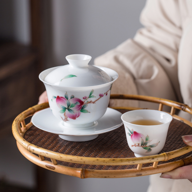 Runrui hand-painted peach three-tall cup of tea cup Jingdezhen hand-made high white mud kung fu tea bowl gift sets