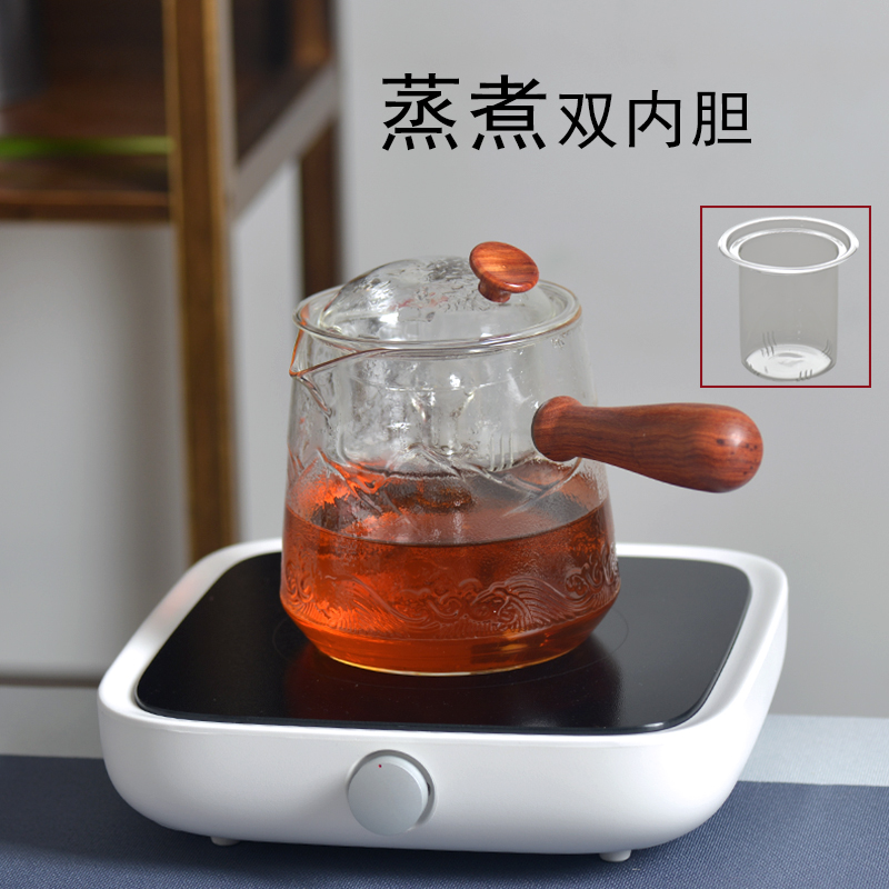 Runrui glass teapot high temperature resistant side handle tea maker landscape sculpture with filter double liner to make tea and boil water teapot