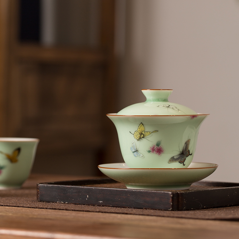 Runrui hand-painted butterfly peach flower three-way cup set Jingdezhen hand butterfly butterfly green tea toy gift