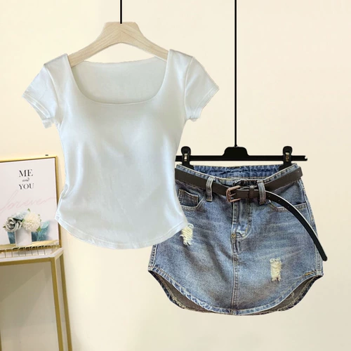 Летний приталенный комплект, футболка с коротким рукавом, защитное белье, джинсовая юбка