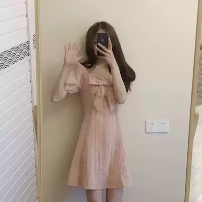 2020 summer new bow little man retro bellflower zhixun French port style ins pink dress female