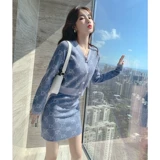 Элитный модный ретро трикотажный комплект, кардиган, юбка, легкий роскошный стиль, в западном стиле, V-образный вырез