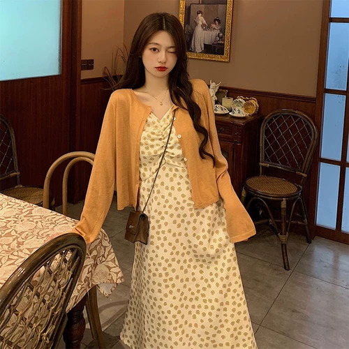 Весеннее ретро платье, платье-комбинация, кардиган, комплект, в цветочек, французский ретро стиль