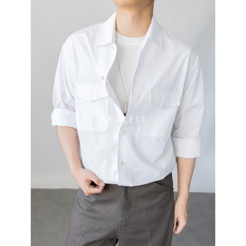 Prmlege "Omi Sun-Dried Fabric" Row Same Fabric/Convertible Cuban Collar/Intellectual Autumn Double-Pocket Shirt