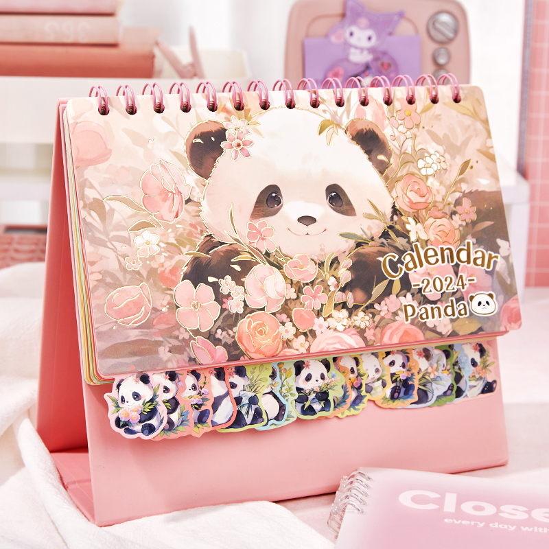 Knock Cute Panda Flower Desk Calendar China Wind 2024 New 2023 Second Half Mini Mini Calendar 24 Years Dragon Year Creative Desktop Swing office notepad Children's cartoon lunar calendar-Taob