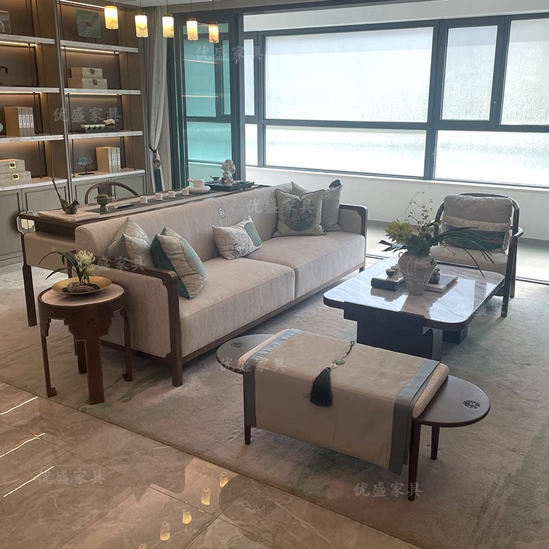 Modern Chinese solid wood sofa light luxury villa whole house model room size apartment living room high-end black gold wood furniture