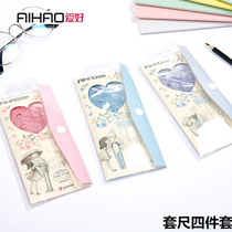 Hobby Han Edition Stationery Sweet Secret Cartoon Set Ruler triangular plate Protractor 4 pieces Students Surveying and Mapping Ruler Elementary And Middle School Students Examination Sleeve ruler Girl Heart Stationery