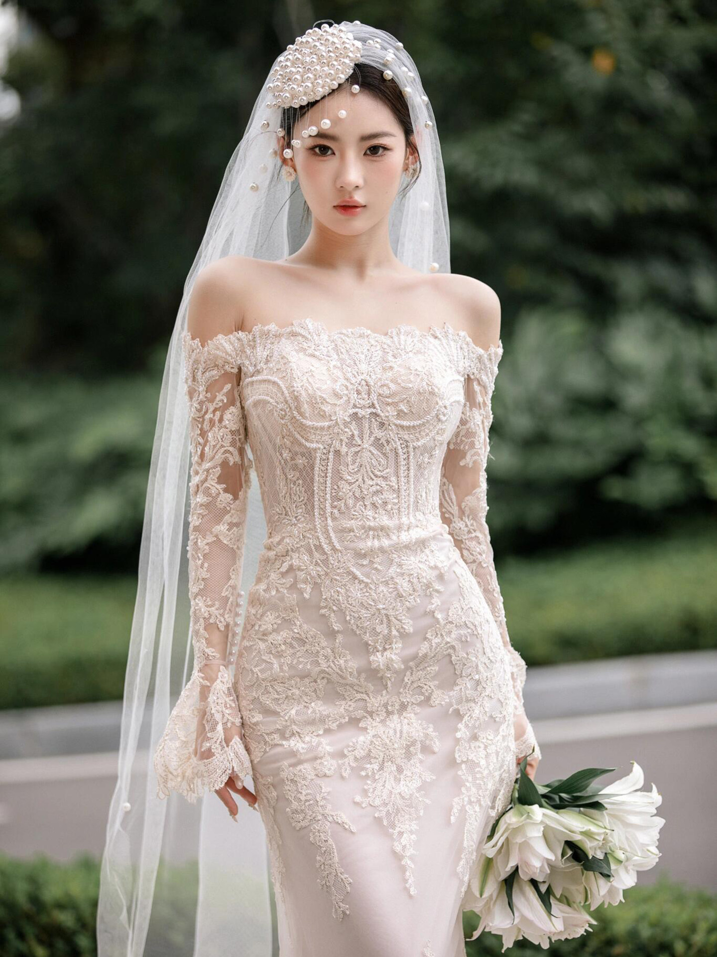 French-Style Mermaid Light Wedding Dress for Petite Brides, 2026 New Off-Shoulder Main Dress, High-End Texture Lace, Custom-Made