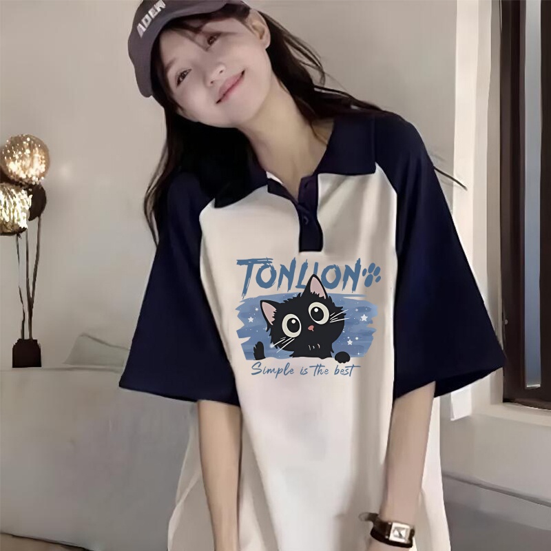 Student Pure Cotton Polo Collar Raglan Short-Sleeved T-Shirt for Girls and Older Children, New Summer Style, Loose Top for Junior High and High School Students