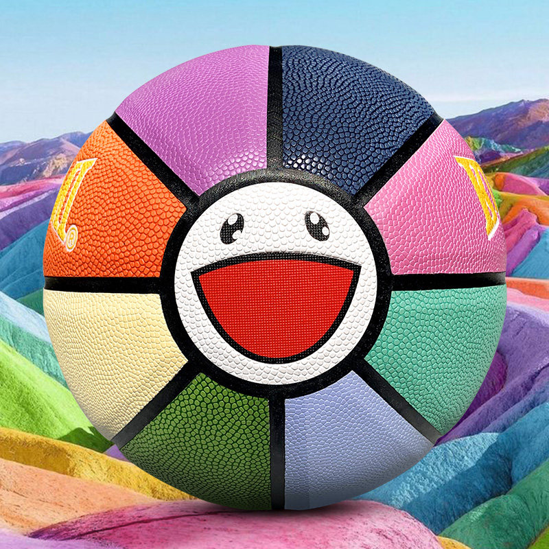 Mad Rainbow Smiling Faces Basketball Students Lettering Customized Encounters Photochromic Flowers Style Cement Ground Wear 7 PU Basketball