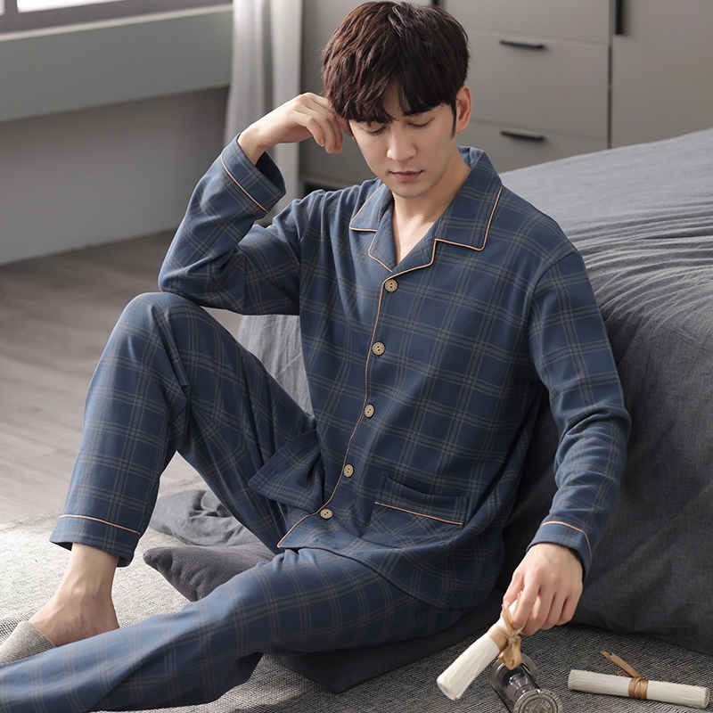Langsha Spring and Autumn Pajamas for Men, Pure Cotton, Lapel, Long Sleeves, 2026 New Autumn Men's Cardigan Home Wear Set Langsha Spring and Autumn Pajamas for Men, Pure Cotton, Lapel, Long Sleeves, 2026 New Autumn Men's Cardigan Home Wear Set