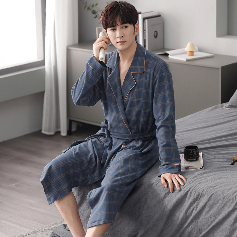 Langsha Spring and Autumn Men's Nightgown Pure Cotton Long-Sleeved Lace-Up Bathrobe Pajamas Loose Large Size Autumn and Winter Mid-Length Dressing Gown Langsha Spring and Autumn Men's Nightgown Pure Cotton Long-Sleeved Lace-Up Bathrobe Pajamas Loose Large Size Autumn and Winter Mid-Length Dressing Gown