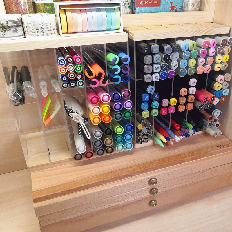 Virtuous Moon Mark Pen Rack Large Capacity Containing Shelf Multi-G Professional Acrylic Transparent Containing solid wood Environmental Protection Material Multi-functional exhibition shelf Art Color Pen Shop Superimposed Exhibition Racks-Taobao