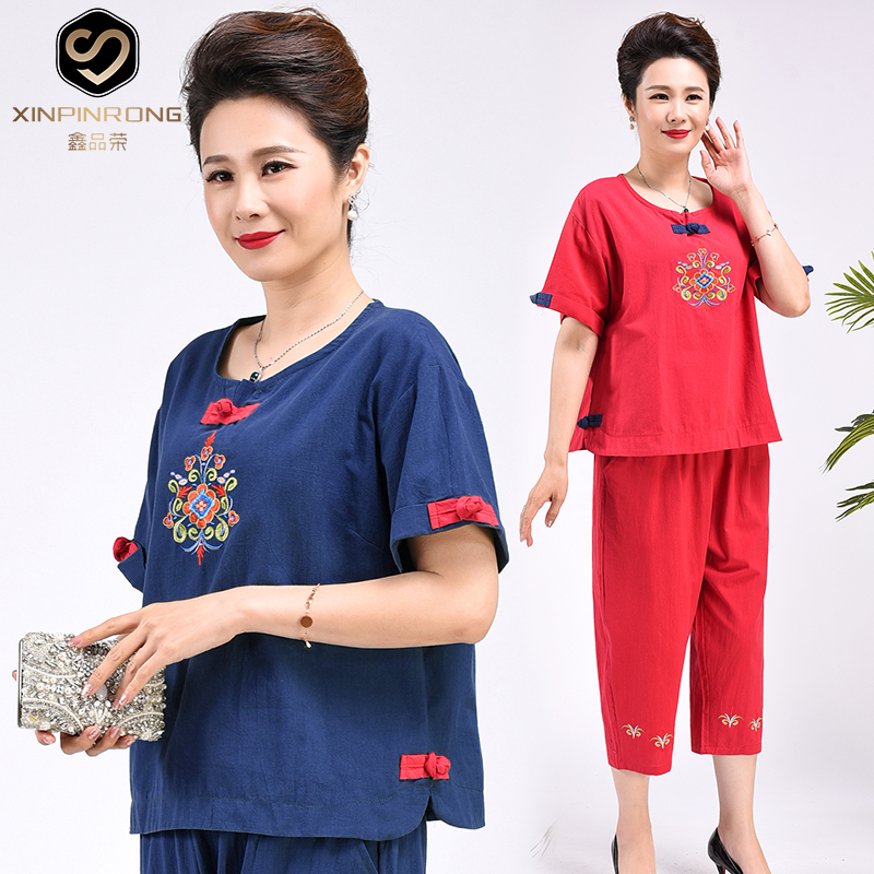 Middle-aged and elderly women's clothing plus fattening codes loot two-piece suit 200 catty Mama dress ethnic wind embroidered T-shirt