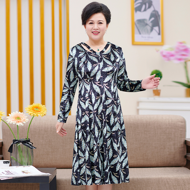 200 pounds of fat mother spring - sleeved printed dress in elderly women's wear and loose dress