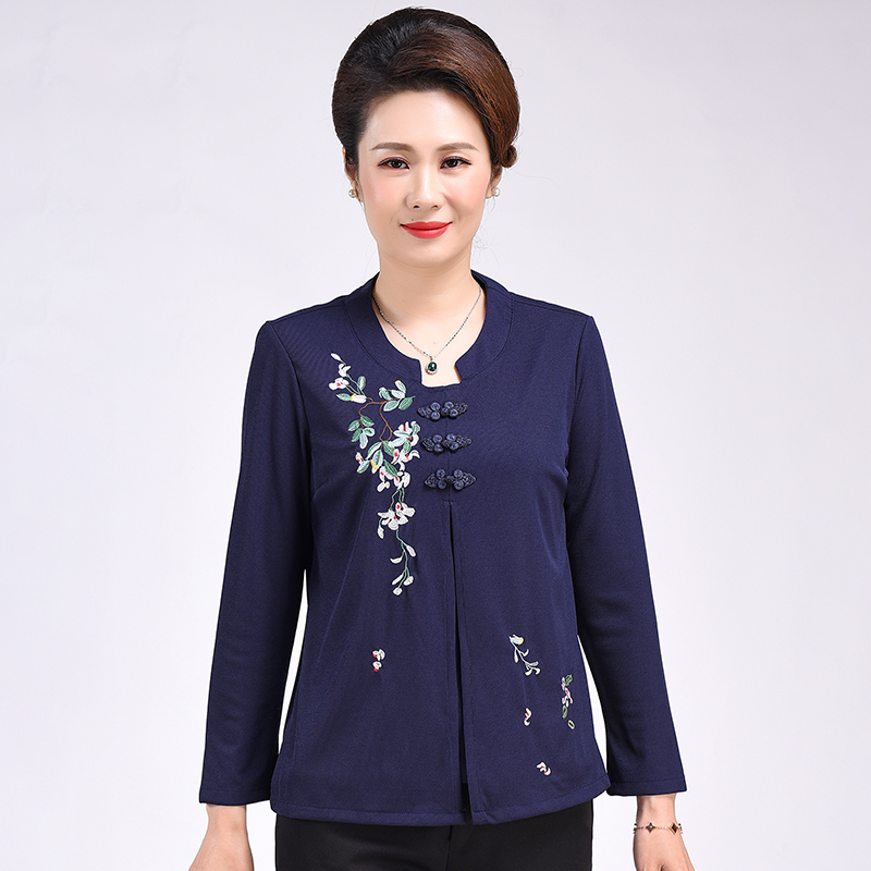 Middle-aged and elderly women plus size plus size embroidered long-sleeved fake two-piece spring new product 200 catties fat mother's small shirt
