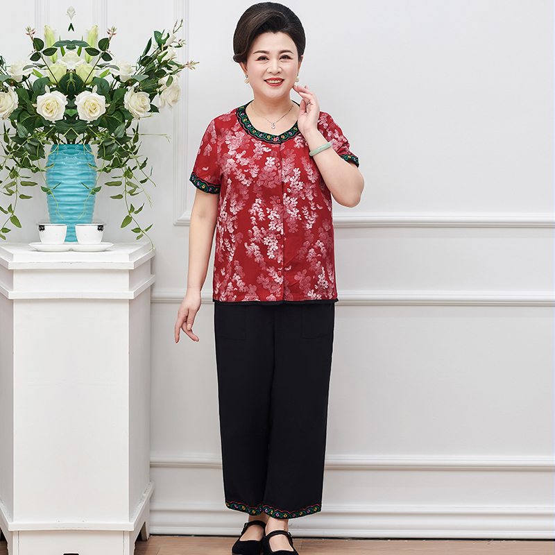 Clear middle - aged women's clothing plus loose two - piece set 200 - pound fat mother pack printed T - shirt suit