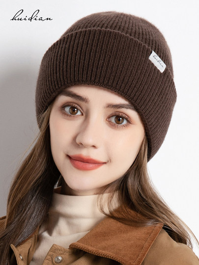 100% pure wool knitted hat for women, autumn and winter versatile large hat with cold protection, ear protection and warm woolen cap