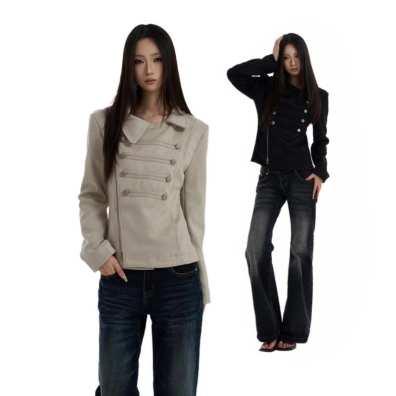 Talk Later Retro Lapel Diagonal Placket Napoleon Court Style Suede Jacket Women's Short Slim Casual Jacket