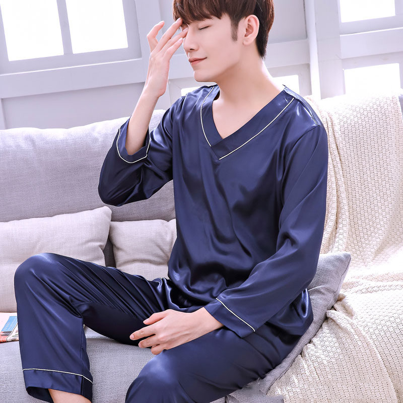 Long-sleeved pajamas men's summer silk ice silk suit loose thin cotton pajamas Korean version casual home wear