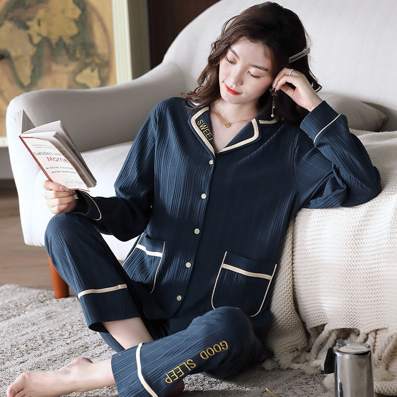 Spring and autumn pajamas women's pure cotton long-sleeved Korean cardigan large size loose thin section casual comfortable home clothes two-piece