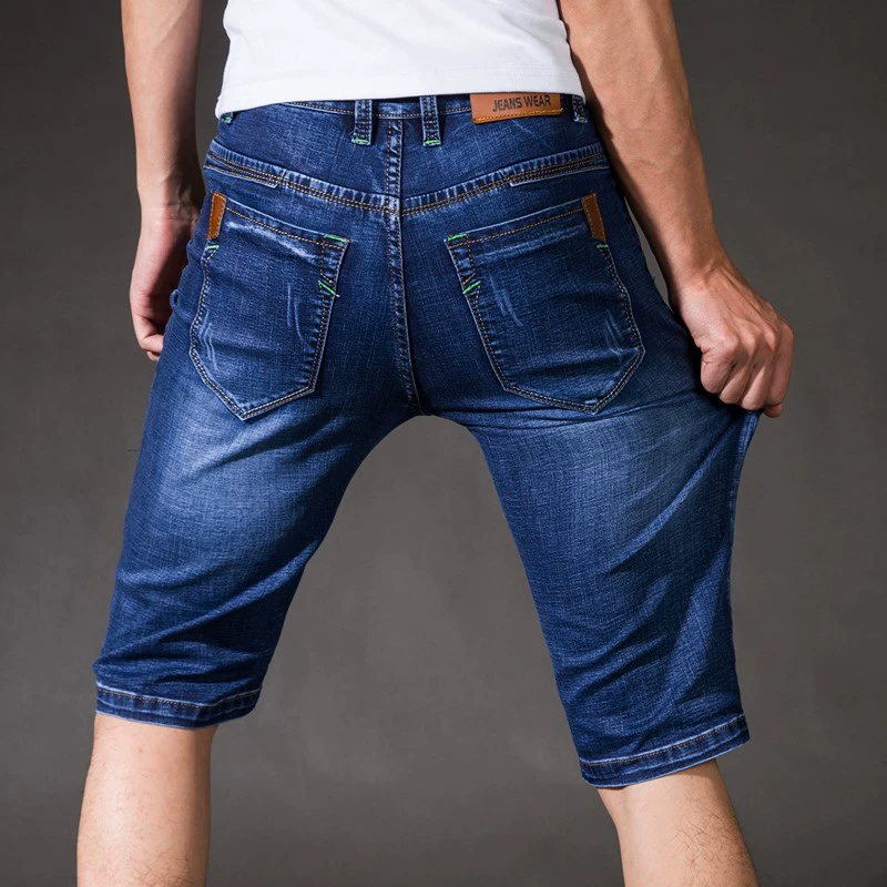 Mùa hè quần short denim co giãn cao, quần lửng nam 5 điểm, quần 7 điểm nam trung niên 7 điểm. - Quần jean