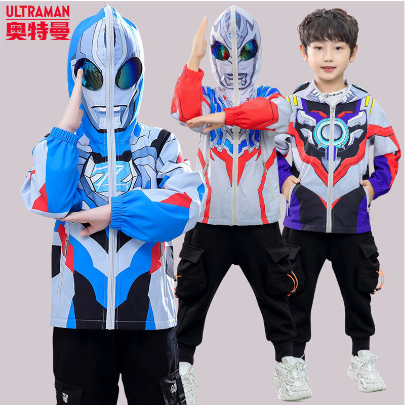 Ultraman coat children's spring and autumn tops boys autumn hooded trench coats foreign stormtrooper spider-man clothes