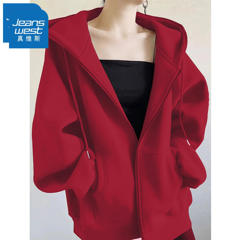 Zz Jeanswest Red New Year Sweatshirt Jacket for Women, Spring and Autumn 2026 Year of the Horse New Loose Hooded Cardigan Top