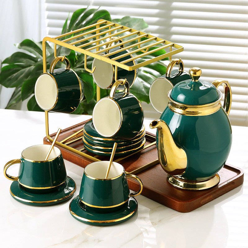 Nordic light luxury ceramic afternoon camellia tea set brew teapot European style living room simple Phnom Penh home cup and saucer set green