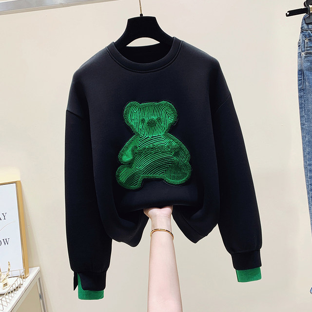 Bear embroidered fake two-piece sweater women's European fashion foreign style loose plus velvet thick top autumn 2022 new style