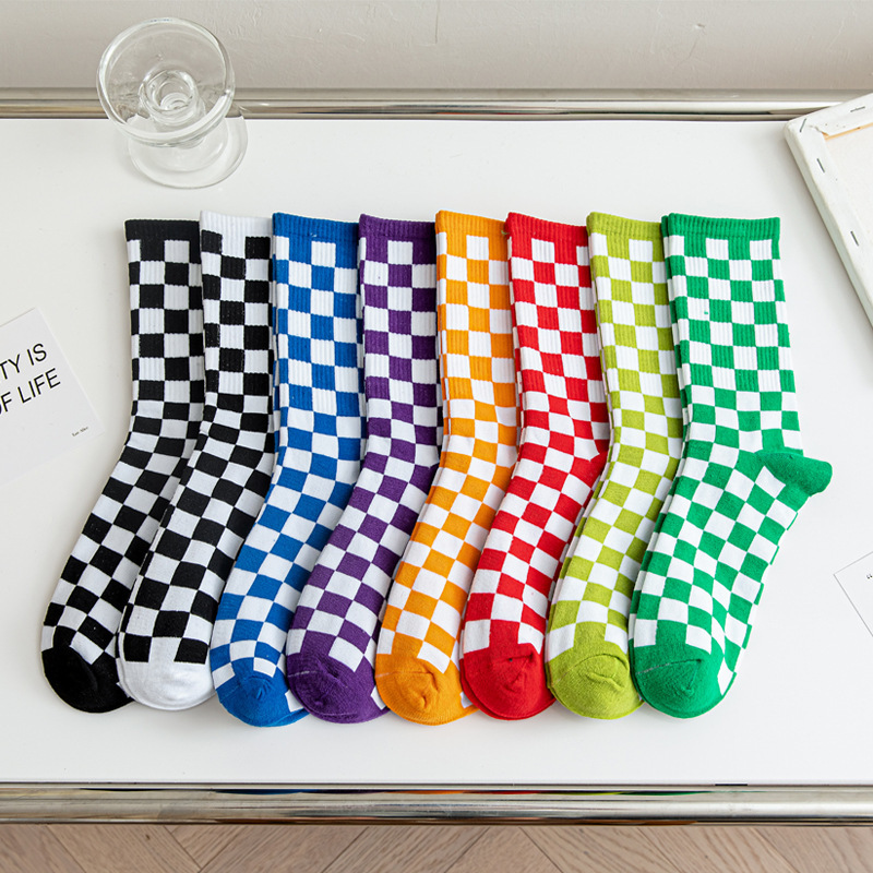 Checkerboard Black and White Plaid Socks ins Trendy Japanese Retro Hong Kong Style Unisex Mid-Calf Socks Ulzzang Simple Long Socks