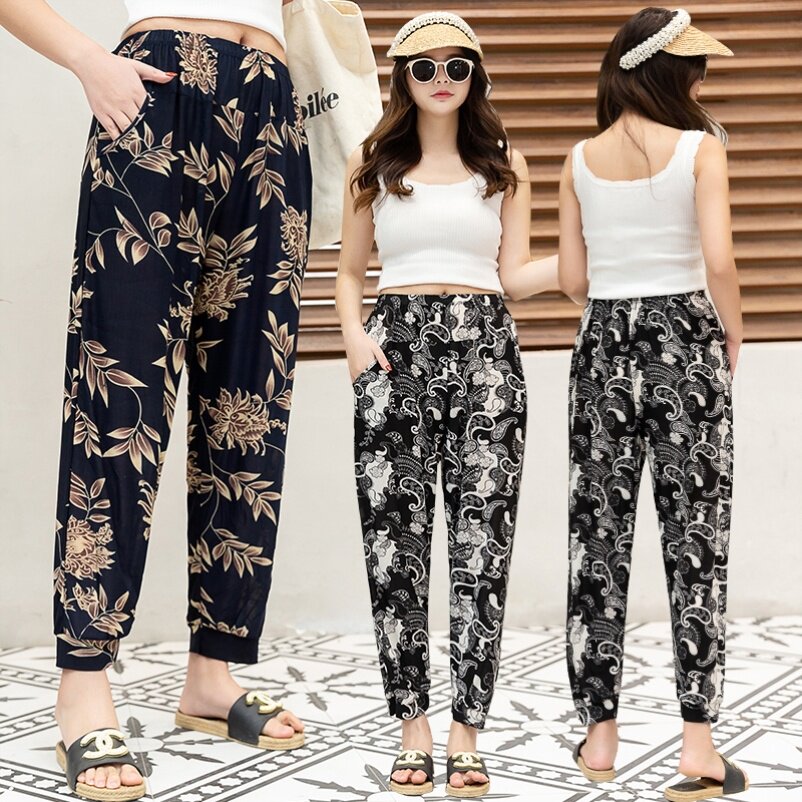 New middle-aged and elderly women's summer thin ice silk bloomers plus size mom pants nine points mosquito-proof yoga pants