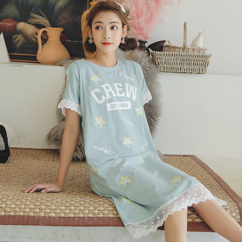 Night dress women's summer short-sleeved cotton pregnant nursing pajamas Moon skirt Maternity out nursing dress Home clothes